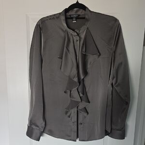 Lauren Ralph Lauren Charcoal Satin Ruffle Blouse
